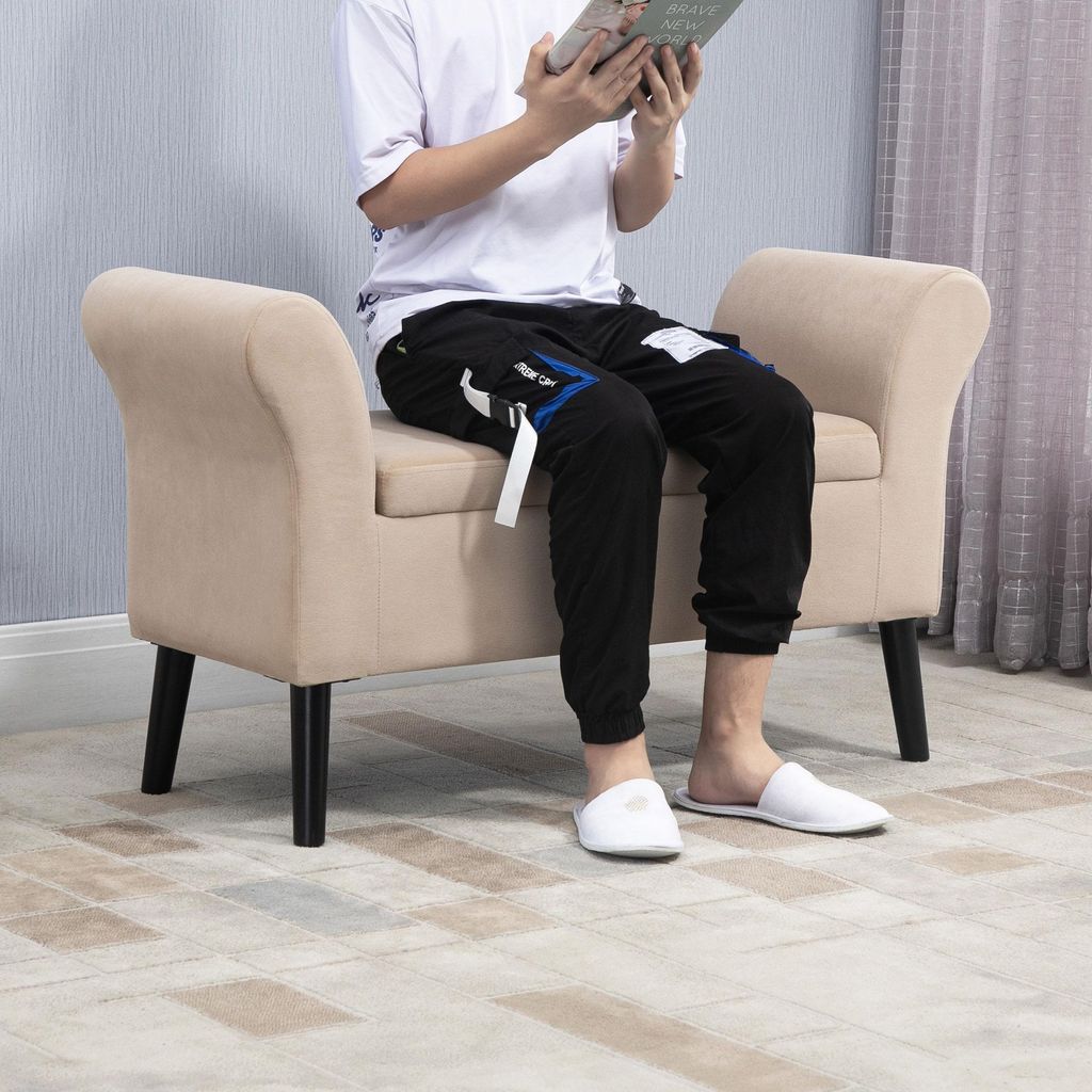 Polsterbank mit Stauraum Samtoptik Armlehnen, Sitzbank Truhenbank Polyester, Beige | 111,5 x 41 x 65 cm | 46 cm Sitzhöhe | bis 130 kg