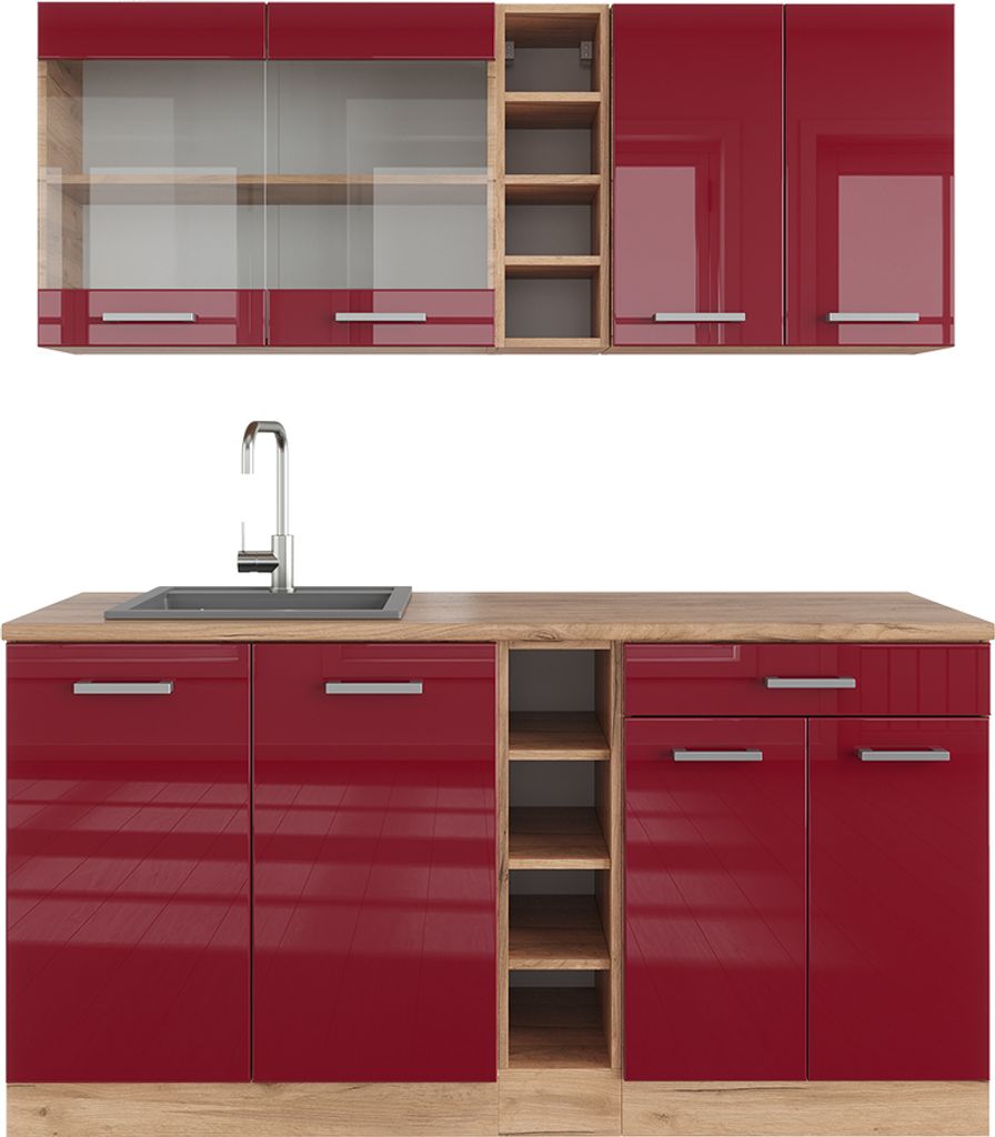 Singleküche Vicco R-Line Rot Hochglanz/Goldkraft Eiche 160 cm , AP Eiche, Model 43059