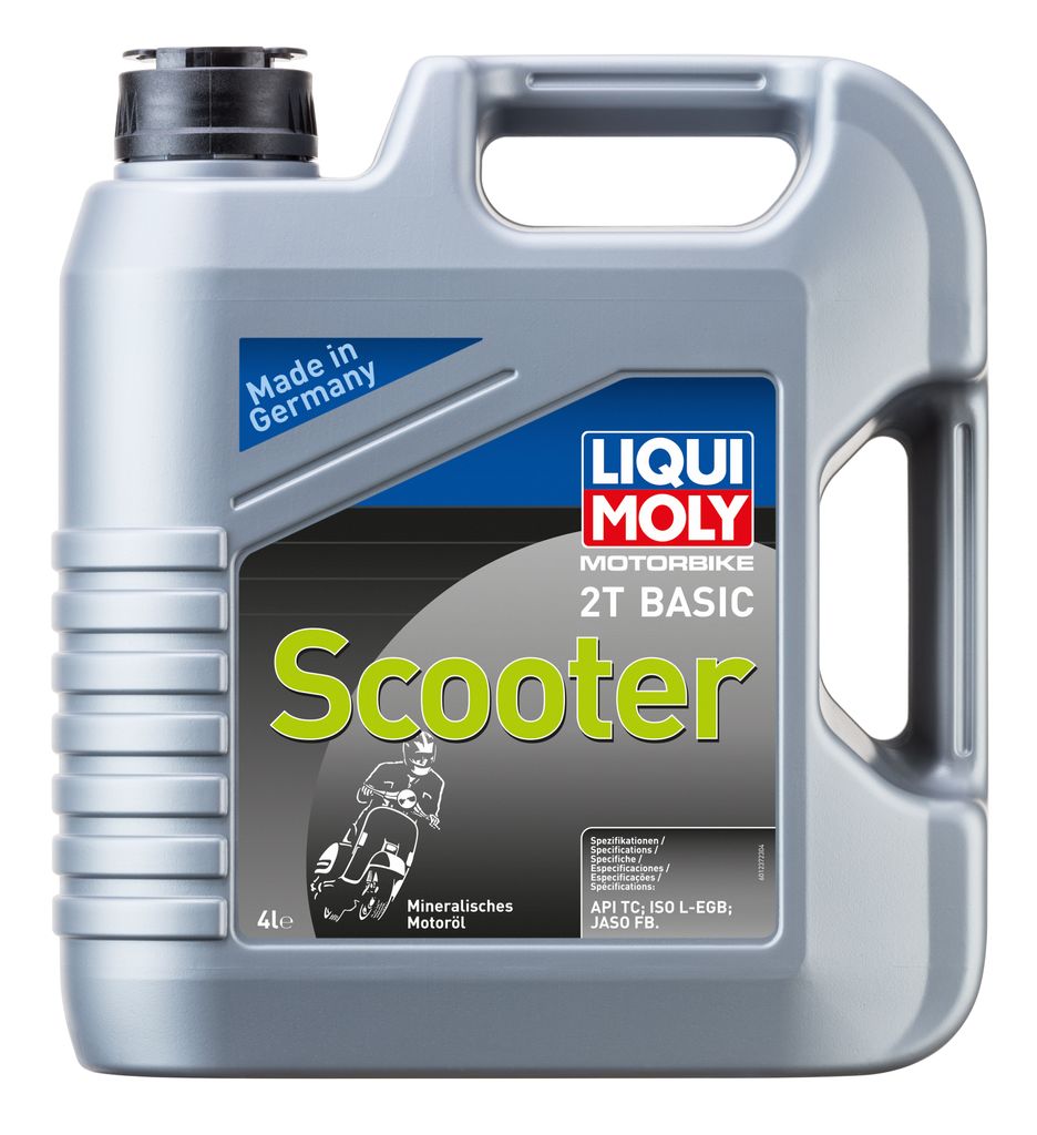 A plastic container of motor oil for scooters.