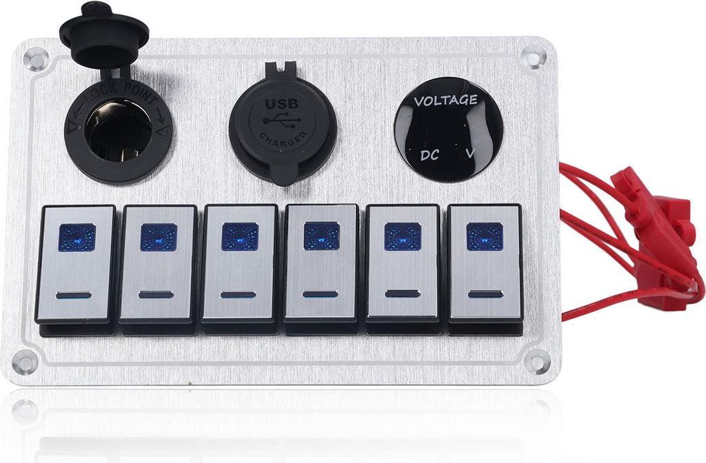 Wippschalter-Panel, 6-fach, Ein/Aus, blaues LED-Licht, 2,1 A, Dual-USB-Ladeanschluss, Aluminiumlegierung, für Auto, Wohnmobil