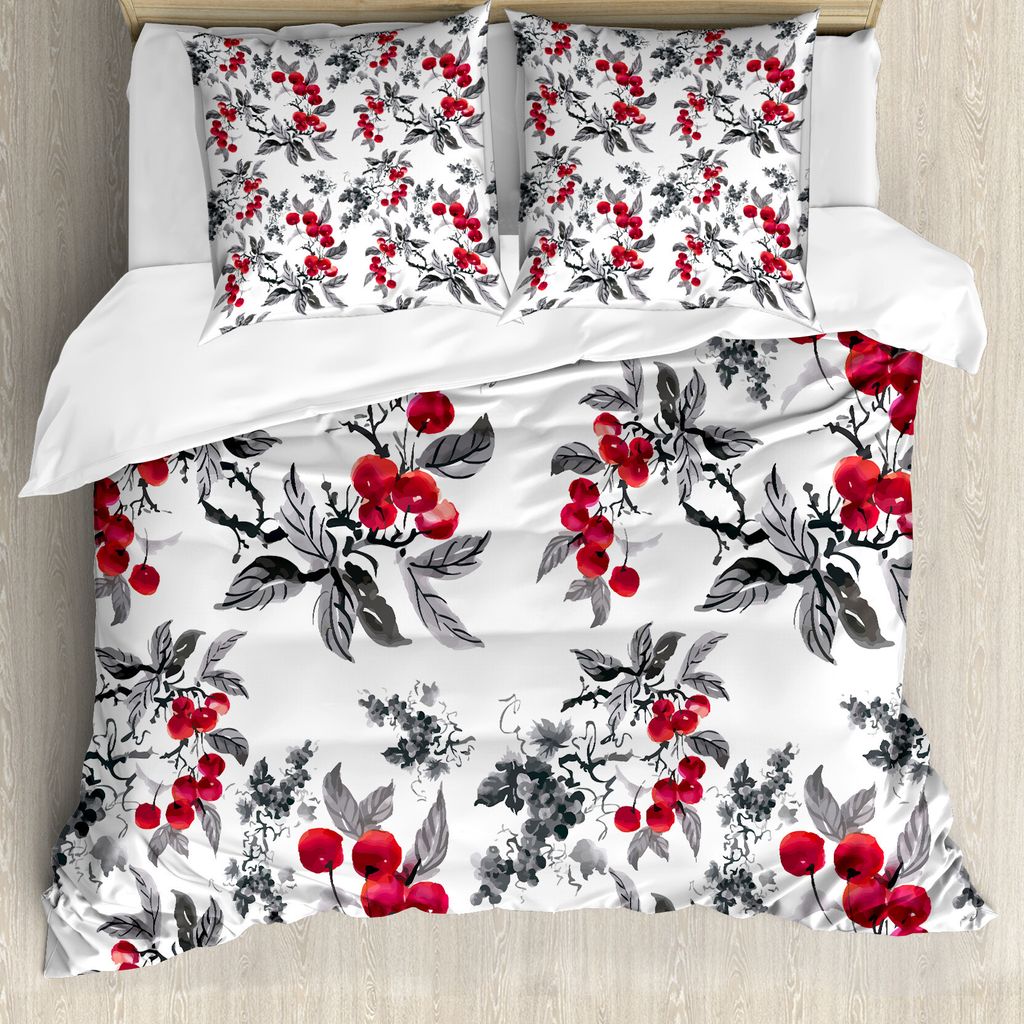 ABAKUHAUS Eberesche Bettbezug, Abstrakte Botanik Garten, Milbensicher Allergiker geeignet mit Kissenbezügen, 155 cm x 220 cm - 80 x 80 cm, Ruby-Gr...