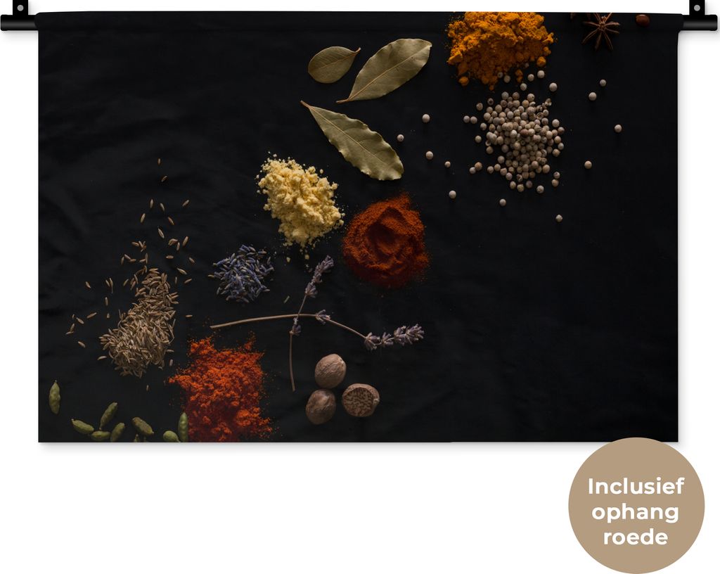 MuchoWow Wandteppich Wandbehang Kräuter - Schwarz - Gewürze - Küche - Kochen 60x40 cm Tapisserie Dekoration Wandtuch - Wanddekorationen
