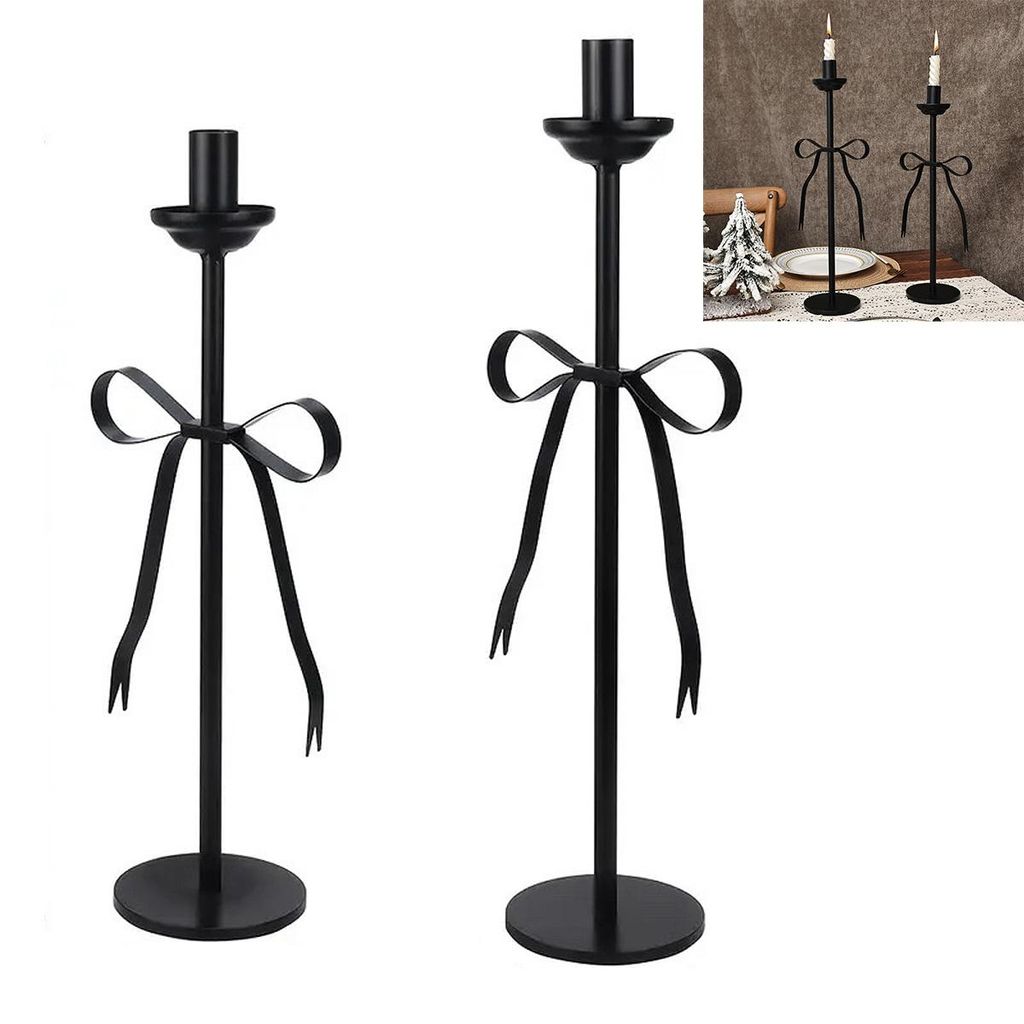 Kerzenhalter Set 2er Metall schwarz, moderne hohe Kerzenständer, Tischdeko für Hochzeit, Wohnzimmer & Esstisch, Schleifen Design, Dekoration