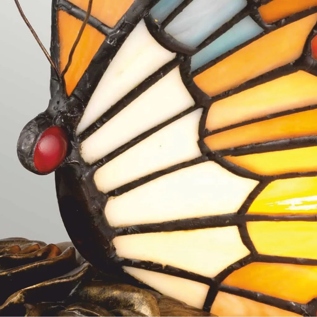 Lampe Tiffany LED Papillon en Verre Multicolore et Socle Bronze Ancien