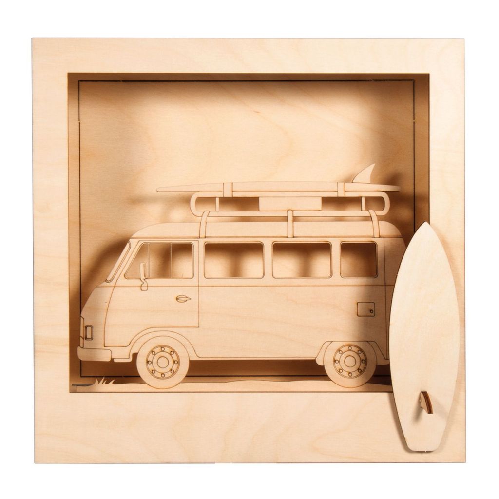 VW Bulli Bus Bausatz zu selber gestallten mit LED Kette 24x24x6,5cm, 13-tlg. , Box 1Set, natur