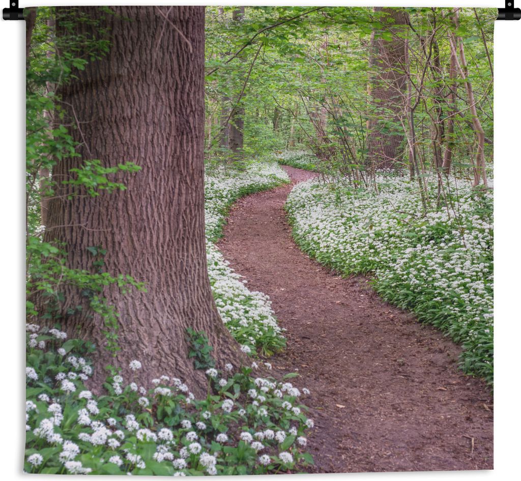 MuchoWow Wandteppich Wandbehang Wald - Weg - Blumen - Weiß 60x60 cm Tapisserie Dekoration Wandtuch - Dekorationen - Wand Decke