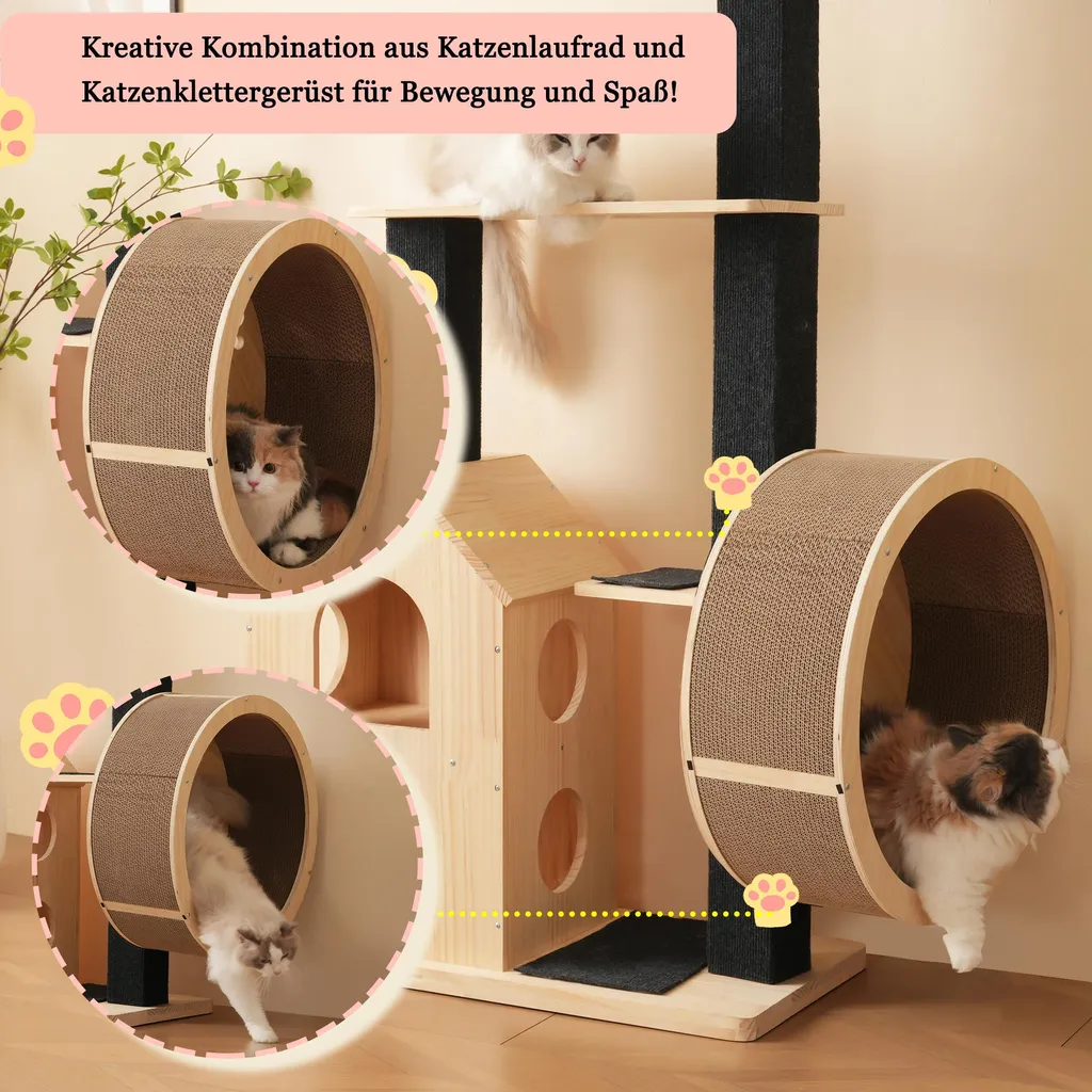 Arbre à Chat Design en Bois avec Roue de Course et Griffoirs en Sisal
