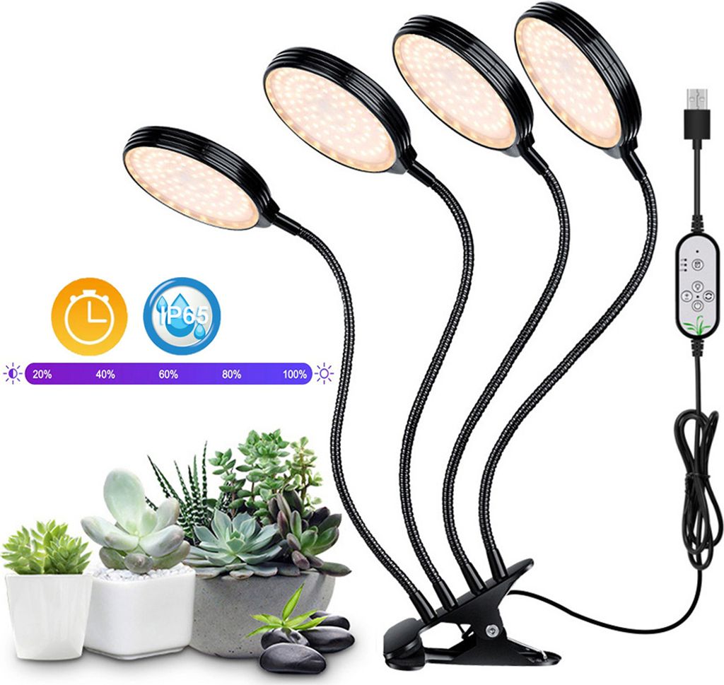 LED Pflanzenlampe Vollspektrum Dimmbar, Pflanzenlicht Clip IP65,LED Grow Lampe Timer Gewächshaus Zimmerpflanzen(4 Lampenkopf)