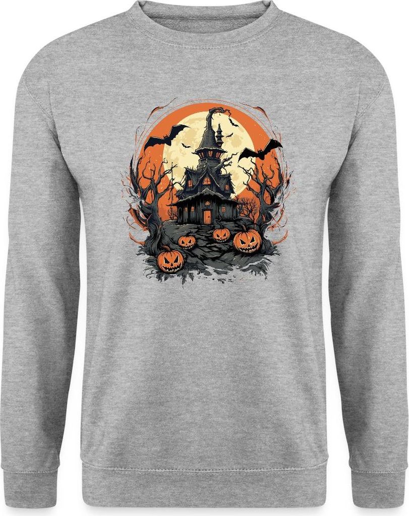 Spreadshirt Halloween Spukhaus Mit Kürbissen Und Vollmond Uni Pullover, 3XL, Weißgrau meliert