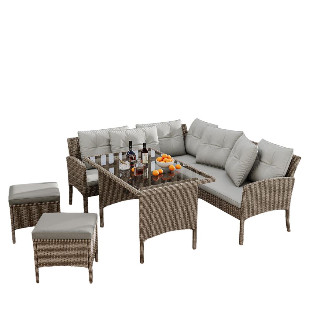 Poly Rattan Sitzgruppe Esstisch Lounge Gartenmöbel Sitzgarnitur Garten-Garnitur Set,Gartenlounge für 7 Personen,mit Sofa,Tisch,Hocker,Kissen