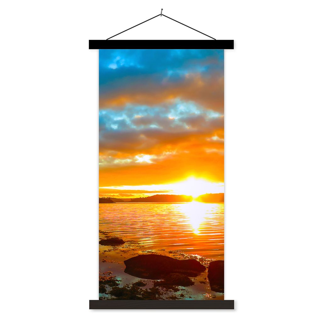 MuchoWow Textilposter Sonne - Landschaft - Wasser - Bäume 90x180 cm mit schwarzem Rahmen - Dekoration Wohnzimmer