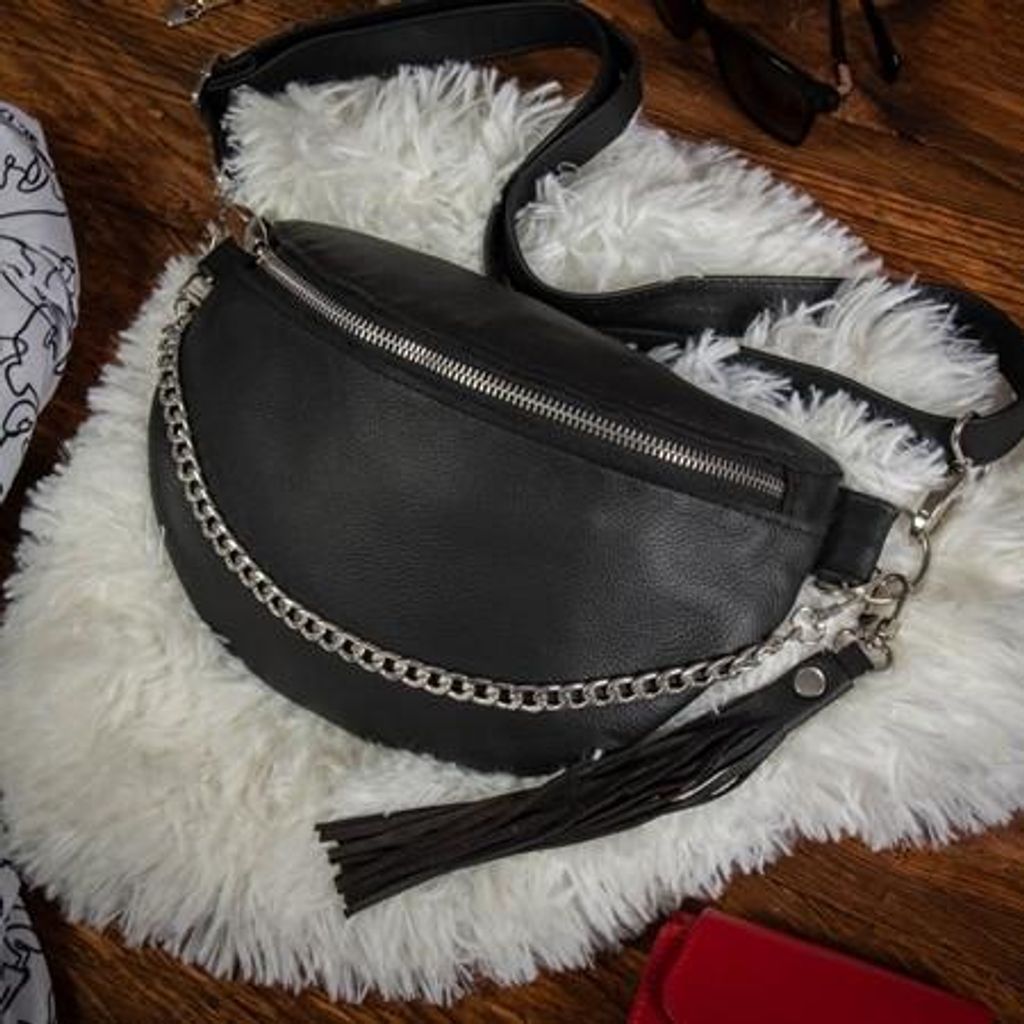 Belveder Gürteltasche Leder mit Kette und Quaste für Alltag und Ausgehen, Bauchtasche aus Naturleder elegant modisch Schwarz Telimene