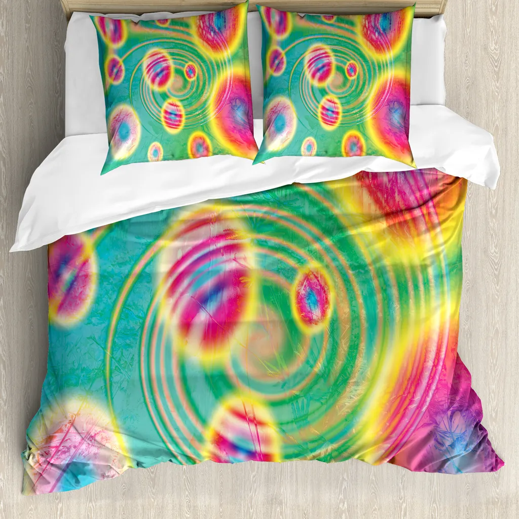 ABAKUHAUS Copripiumino psichedelico, Outer Space Retro, antiacaro, adatto a chi soffre di allergie, con federe, 200 cm x 200 cm - 80 x 80 cm, verde giallo