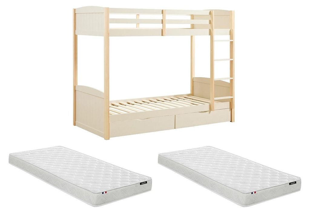 Etagenbett 2 x 90 x 200 cm - 2 Schubladen - Kiefer und MDF – Beige und natur + Matratze - LIMODARA