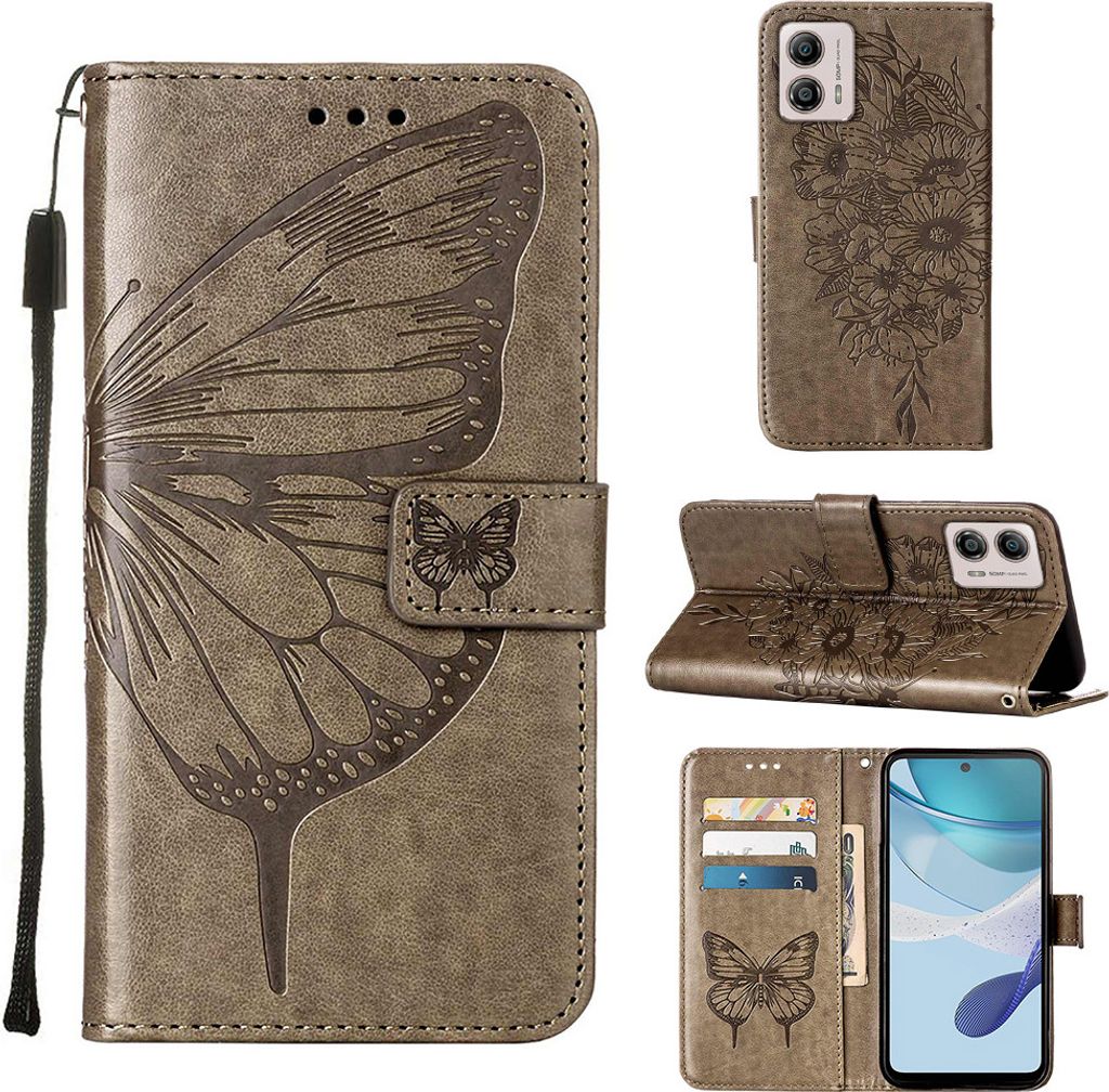 Lederhülle für Motorola Moto G53 / G23 / G13 Schmetterling Prägung Flip Ledertasche Kartenfächer Handyhülle mit Ständer Grau
