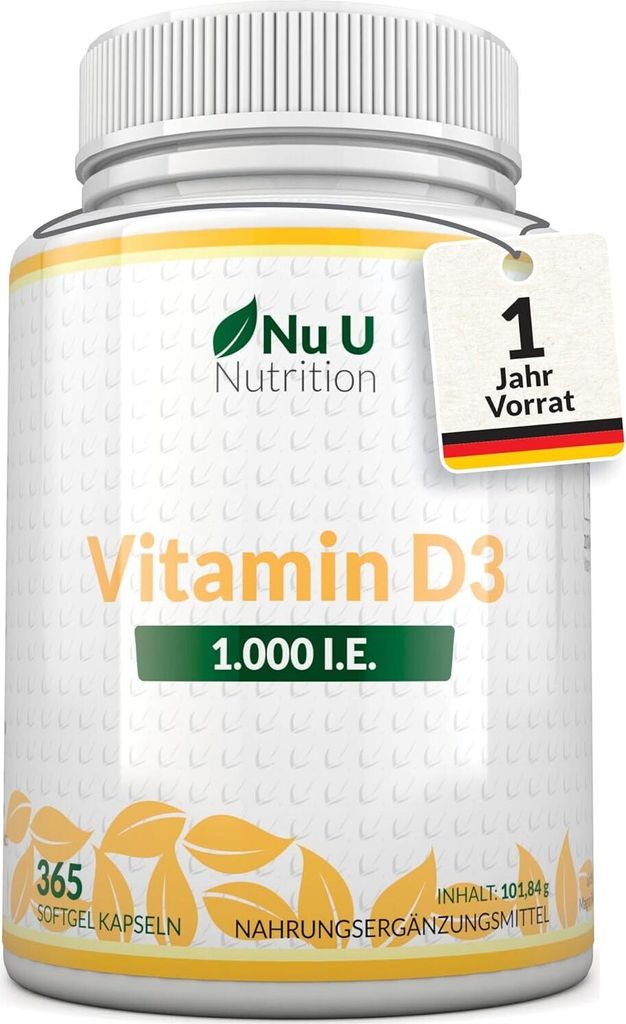 Nu U Nutrition Vitamin D3 1.000 I.E. hochdosiert | für Knochen, Zähne & Immunsystem | Jahresversorgung