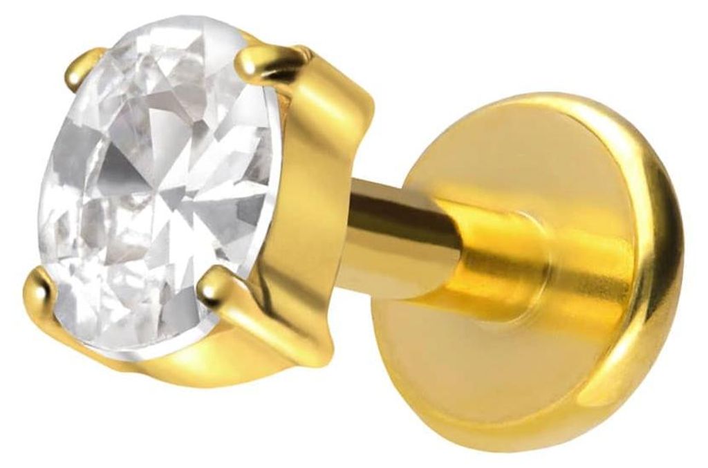 Ohrpiercing, Nasenpiercing Titan Labret mit Push Fit EINGEFASSTES KRISTALLOVAL Gold Stablänge: 6mm | Stabstärke: 1,2mm