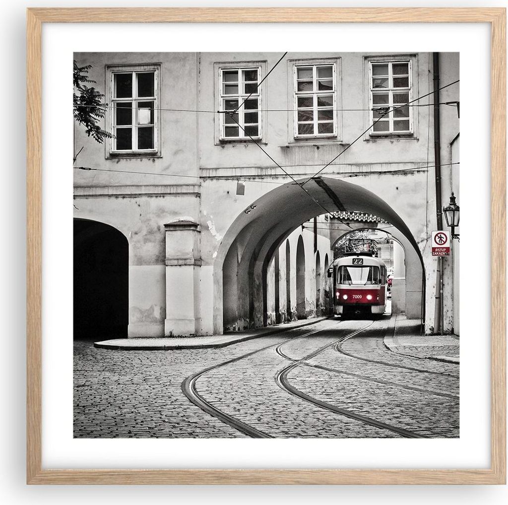 Gerahmtes Poster - Rahmen in heller Eiche - Tschechisch Straßenbahn Prag - 50x50 cm - Wand Bild - Wanddeko - Wandbilder - Wandposter - Bilderrahme...