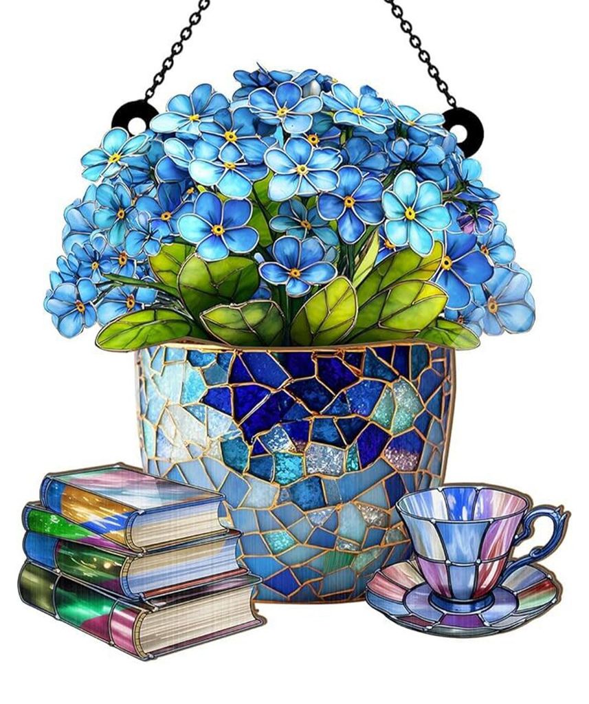 Blumen-Teetassen- und Buch-Sonnenfänger, Buntglas-Effekt, Fenster- und Auto-Hängedekoration, Acryl-Garten-Sonnenfänger-Paneel für Frauen, Mütt...