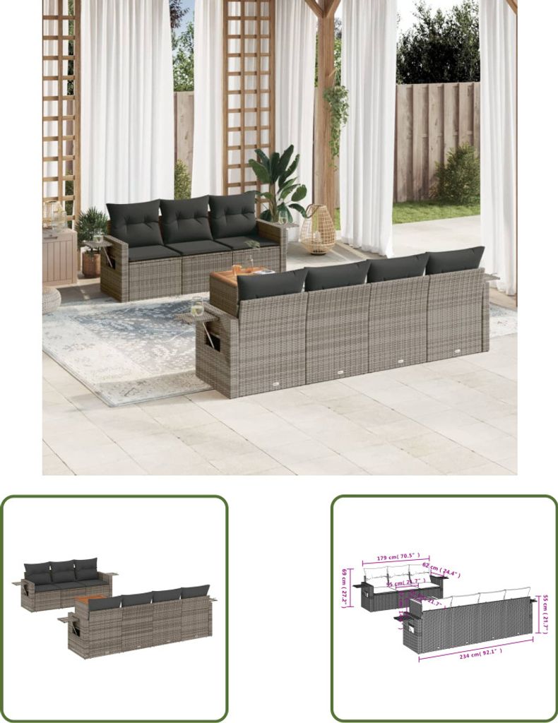 The Living Store 8-tlg. Garten-Sofagarnitur mit Kissen Grau Poly Rattan
