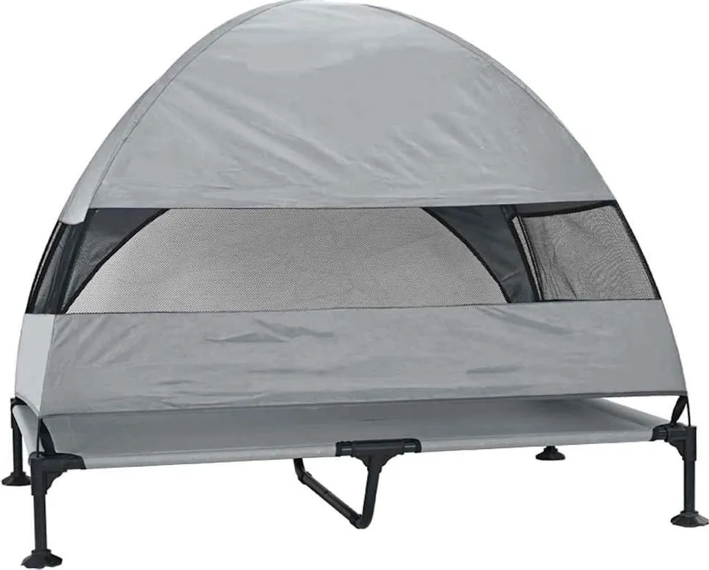 Lit de camp extérieur pour chien avec abri solaire gris 127x81x108cm