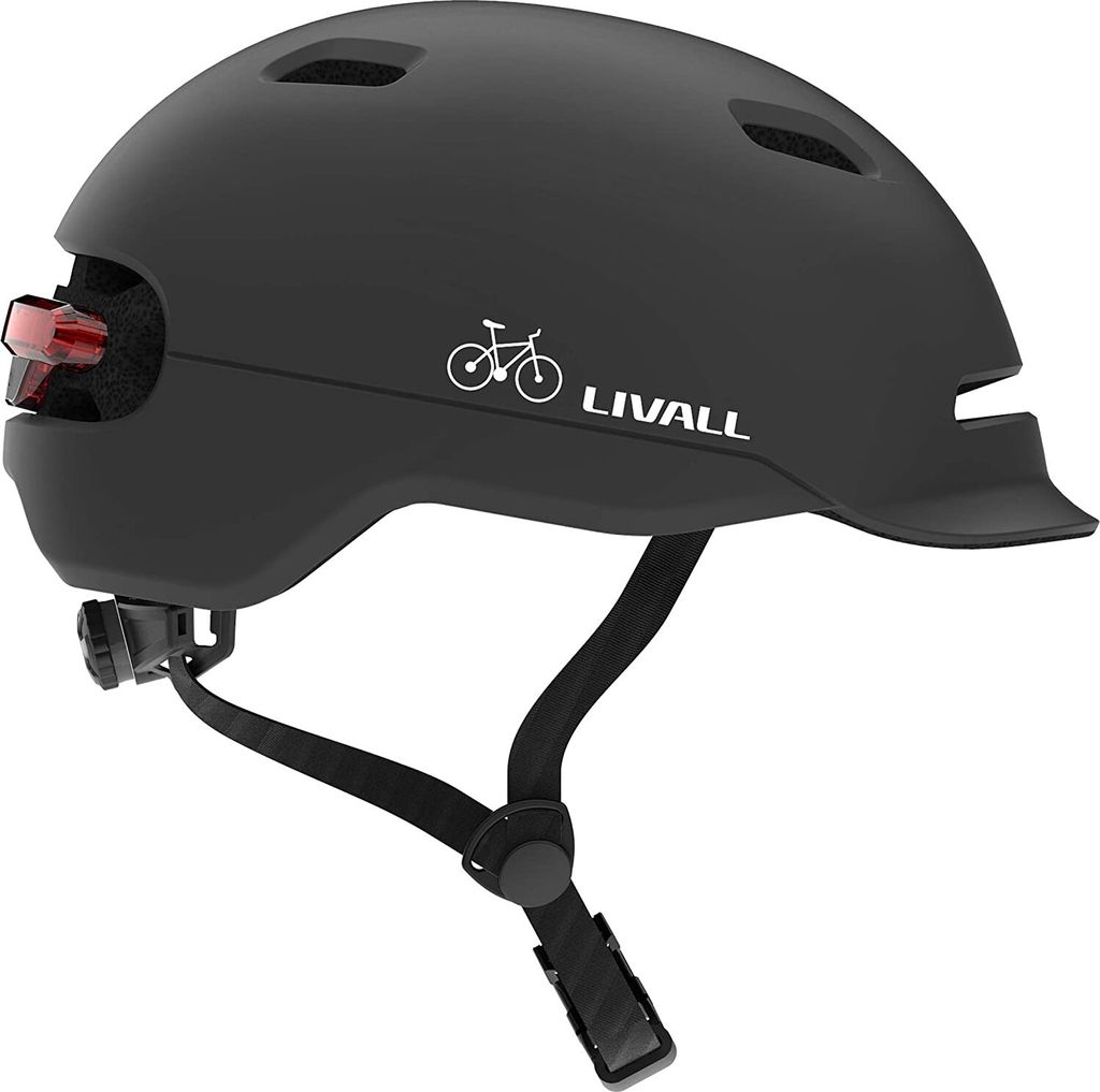 A black LIVALL C20 bicycle helmet with a red taillight is shown against a white background.