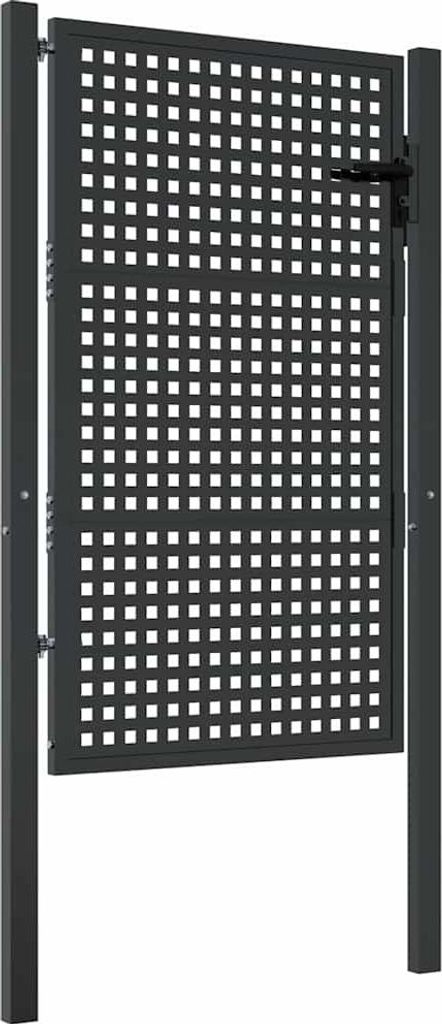 A dark gray metal garden gate with a grid pattern, mounted between two posts.