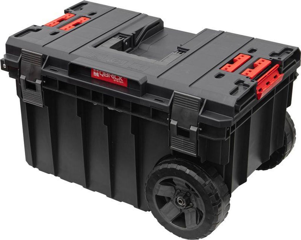 A black rolling tool box with red accents, shown from a three-quarter angle against a white background.