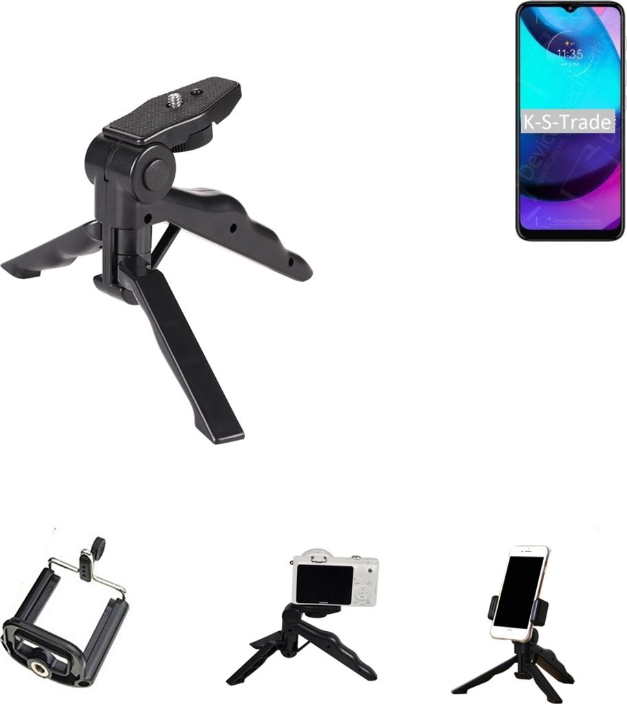 K-S-Trade Stativ Tisch-Ständer Dreibein Handy-Stativ Ständer kompatibel mit Motorola Moto E20 Mini-Stativ Smartphone Tripod Handy-Stativ aus Plastik