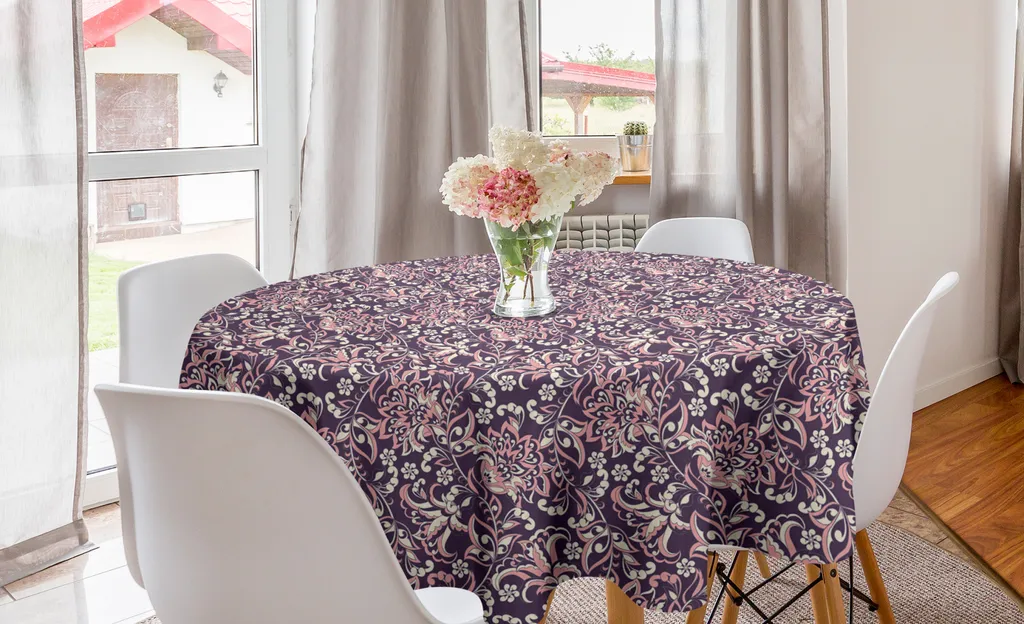 ABAKUHAUS Tovaglia rotonda vintage, fiori, tovaglia circolare per sala da pranzo, decorazione per cucina, 150 cm, melanzana corallo beige