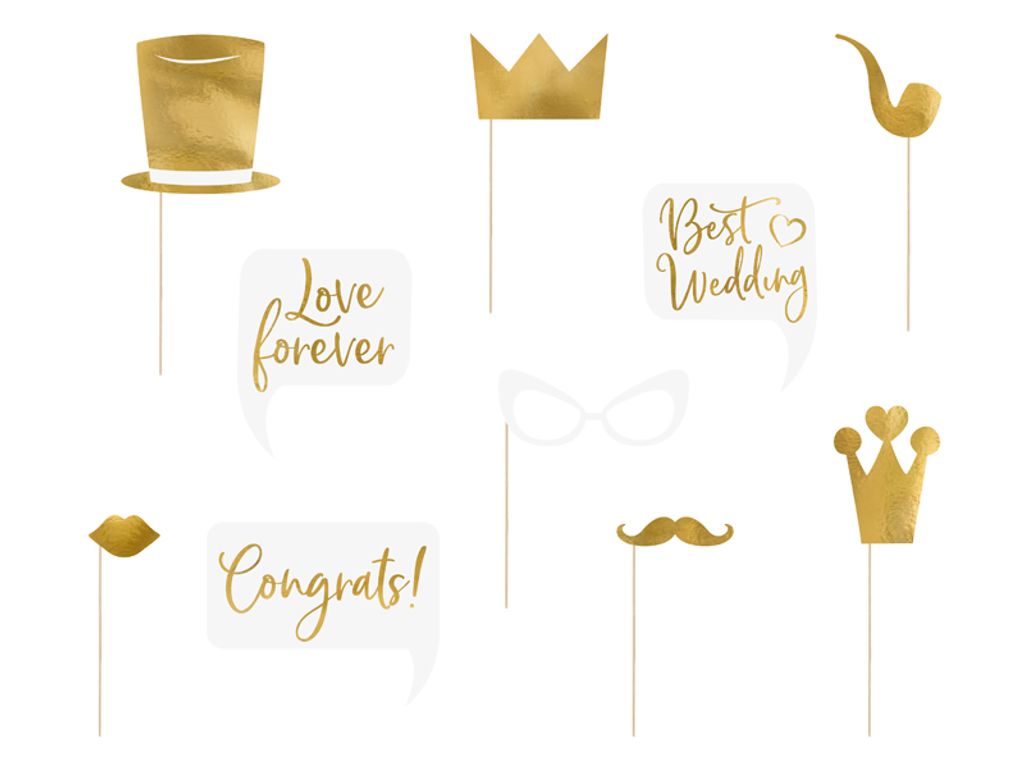 Fotobox Requisiten für Hochzeit 10er Set gold