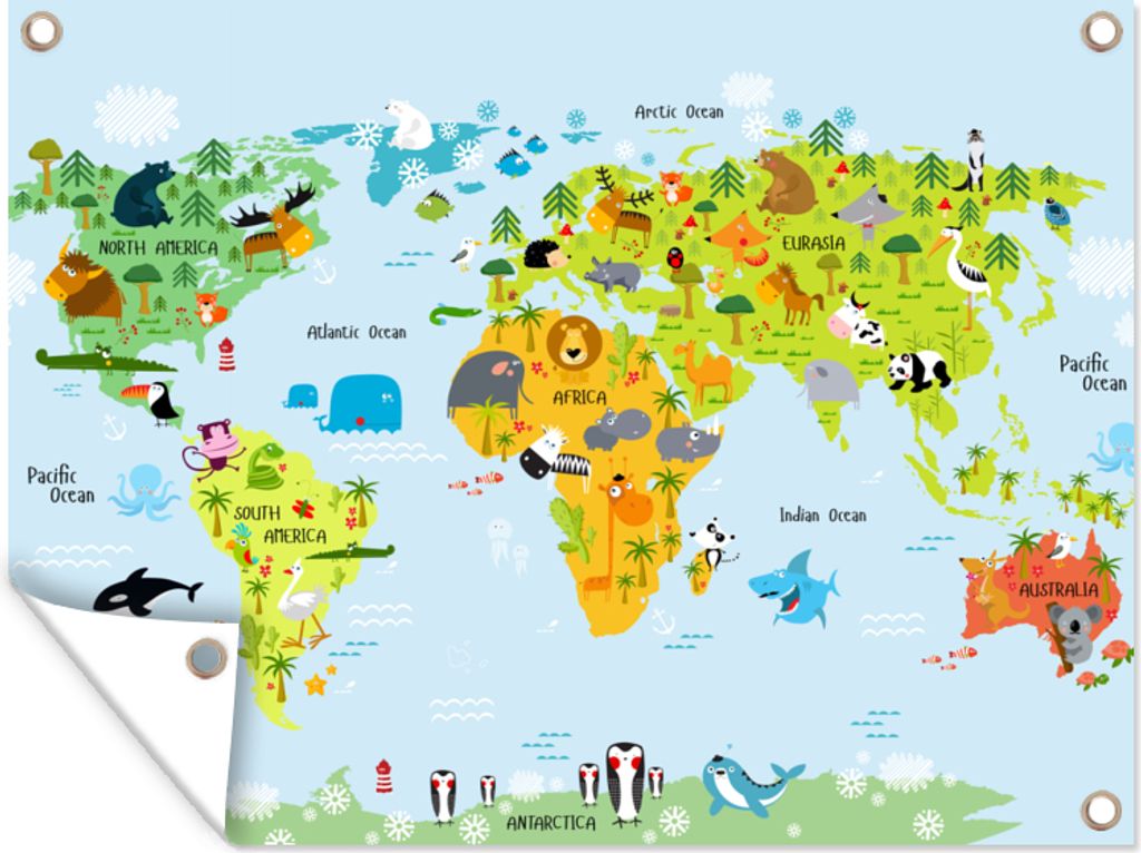 MuchoWow 120x90 cm Outdoor-Poster Gartendeko Sichtschutz Garten Poster für den Garten Weltkarte - Kinder - Tiere - Natur - Jungen - Mädchen