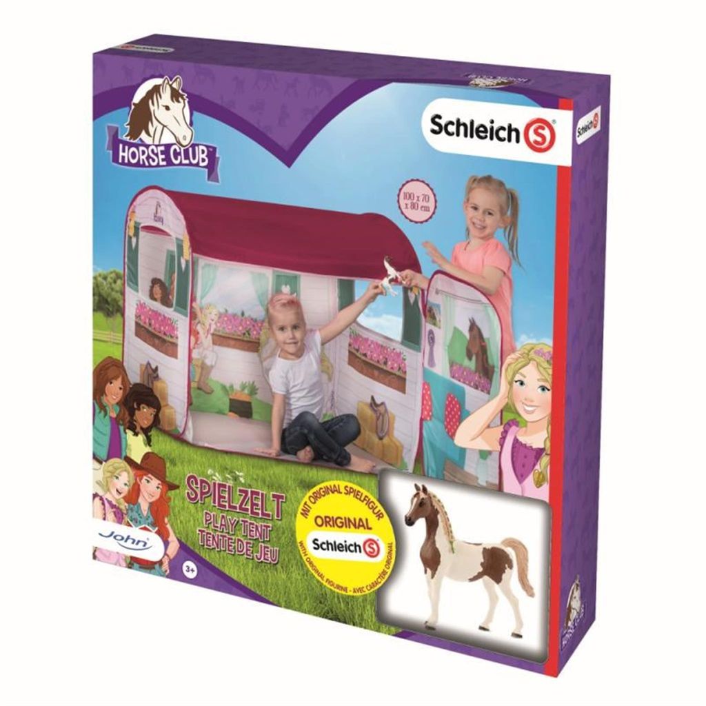The image shows the packaging for a John Tent Pferdestallhaus play tent set, featuring children playing inside the tent and a horse figure.