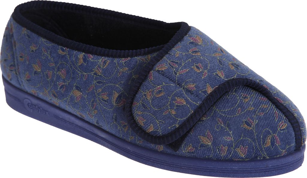 Comfylux Helen Damen Hausschuhe mit Klettverschluss, Blumenmuster, besonders weite Passform DF507 (40 EU) (Blaubeer)