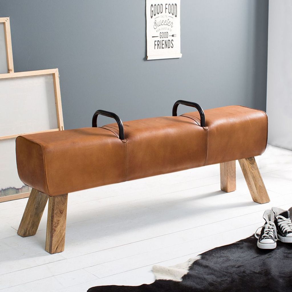 cagü: Nostalgische Sitzbank TURNER Braun Echt Leder Bezug und Mangoholz mit Griffen 134cm