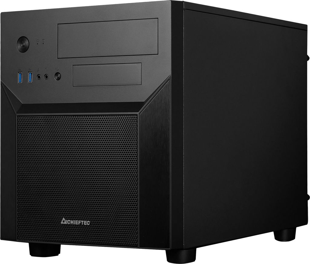 A black computer tower case is shown from a three-quarter front angle on a white background.