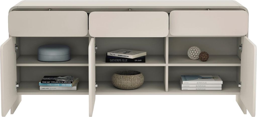 An open sideboard with shelves and drawers, displaying books and decorative items.