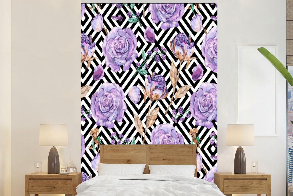 MuchoWow Fototapete für Wohnzimmer oder Schlafzimmer Wandtapete Vinyl Motivtapete Blumen - Rosen - Lila - 200x300 cm - Wanddekorationen