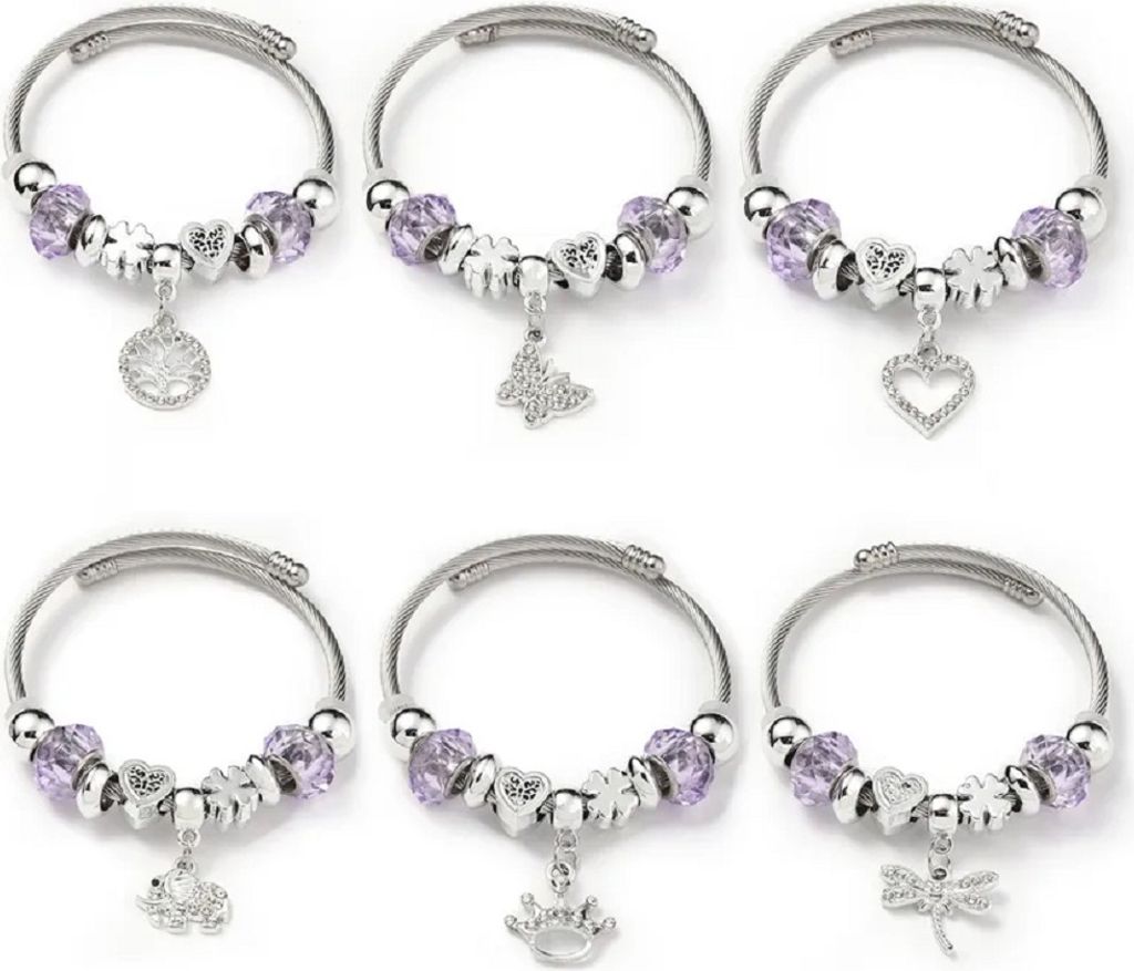 Charm-Armband mit lila Kunststoffperlen & 10 Symbolanhängern – Edelstahl – individuell kombinierbar Mond und Sonne