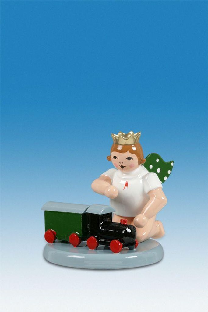 Holzfigur Engel mit Eisenbahn kniend ohne Krone Höhe 6cm Produktbild 