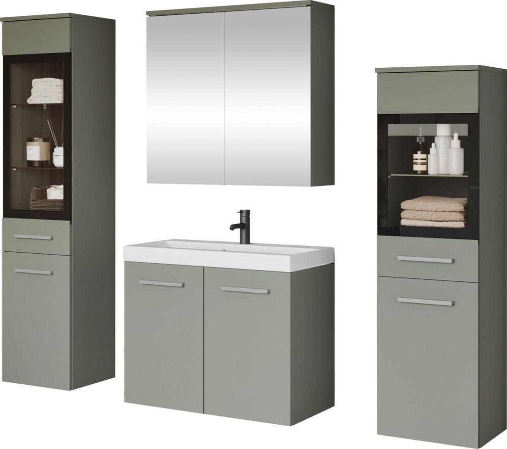 MIRJAN24 Badmöbel-Set Madrit II, Badezimmer-Set mit Spiegel und Waschbecken (Farbe: Nebelgrün, mit Siphon, ohne Beleuchtung)