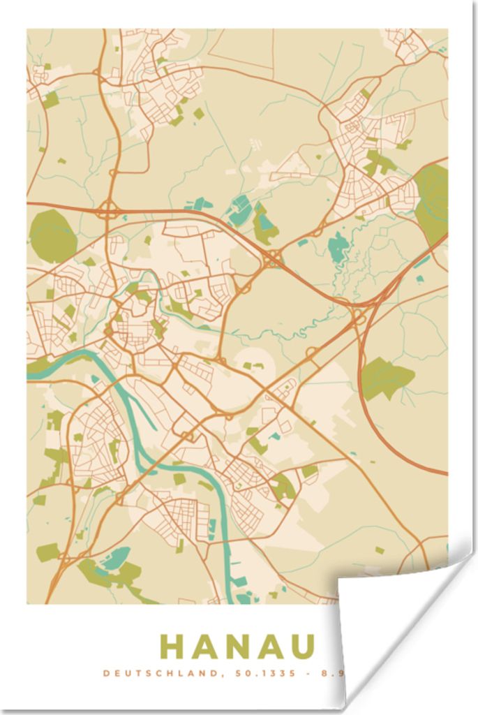 MuchoWow Poster Karte - Hanau - Karte - Vintage - Stadtplan 60x90 cm - Wanddekoration