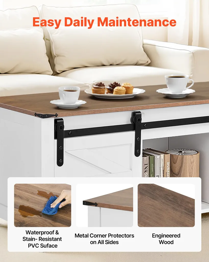 Table Basse Relevable avec Porte de Grange et Rangement Dissimulé Blanche