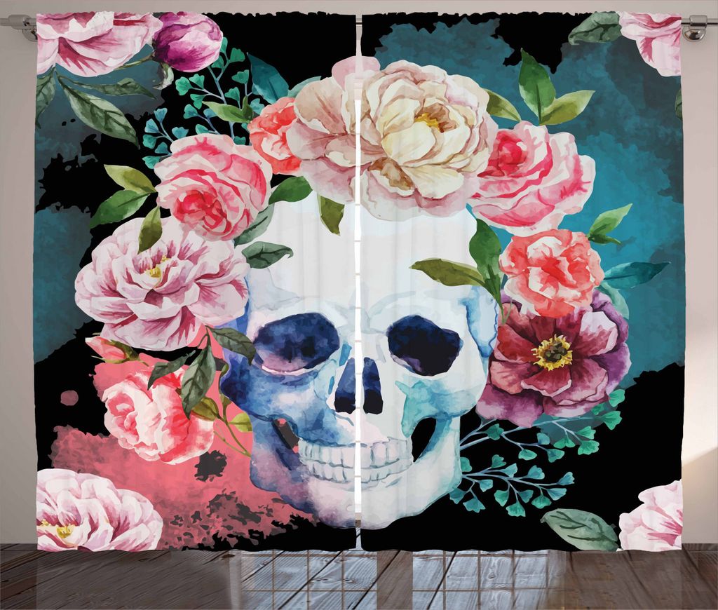 ABAKUHAUS Zuckerschädel Rustikaler Gardine, Aquarell Gothic, Schlafzimmer Kräuselband Vorhang mit Schlaufen und Haken, 280 x 225 cm, Mehrfarbig