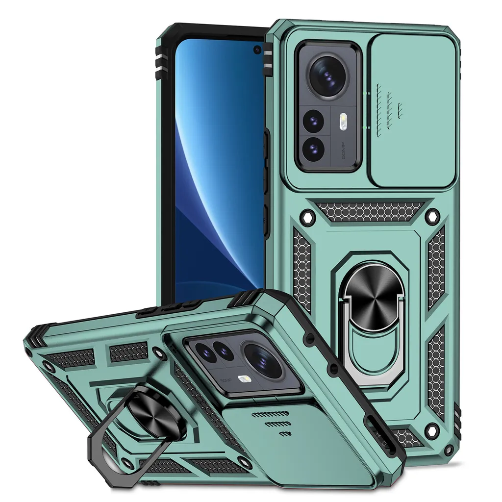 CRAVEN Cover per Xiaomi Mi 13 Lite, Robusto PC + TPU Doppio Strato Protettivo Custodia con Porta Anello e Copertura Scorrevole Della Fotocamera, Verde