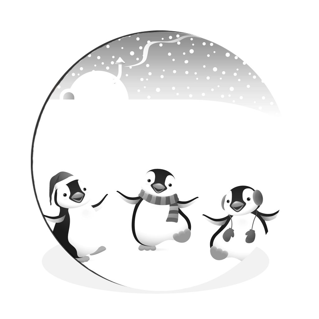 MuchoWow Aluminium Wandkreis Eine Illustration von drei Pinguinen im Schnee - schwarz und weiß Ø 90 cm Wanddeko Modern Wohnzimmer - Mauerkreis ...