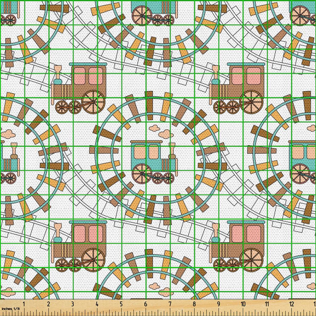 ABAKUHAUS Züge Gewebe als Meterware, Pastel Retro Fahrzeug auf Eisenbahn-Spielzeug-Lokomotive Reisen Nursery Themed, 1 M (148 x 100 cm), Weiß und...