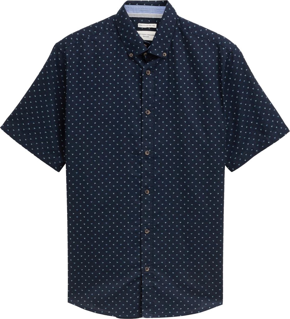 Regular Fit Kurzarmhemd mit Leinenanteil im Pünktchen-Muster