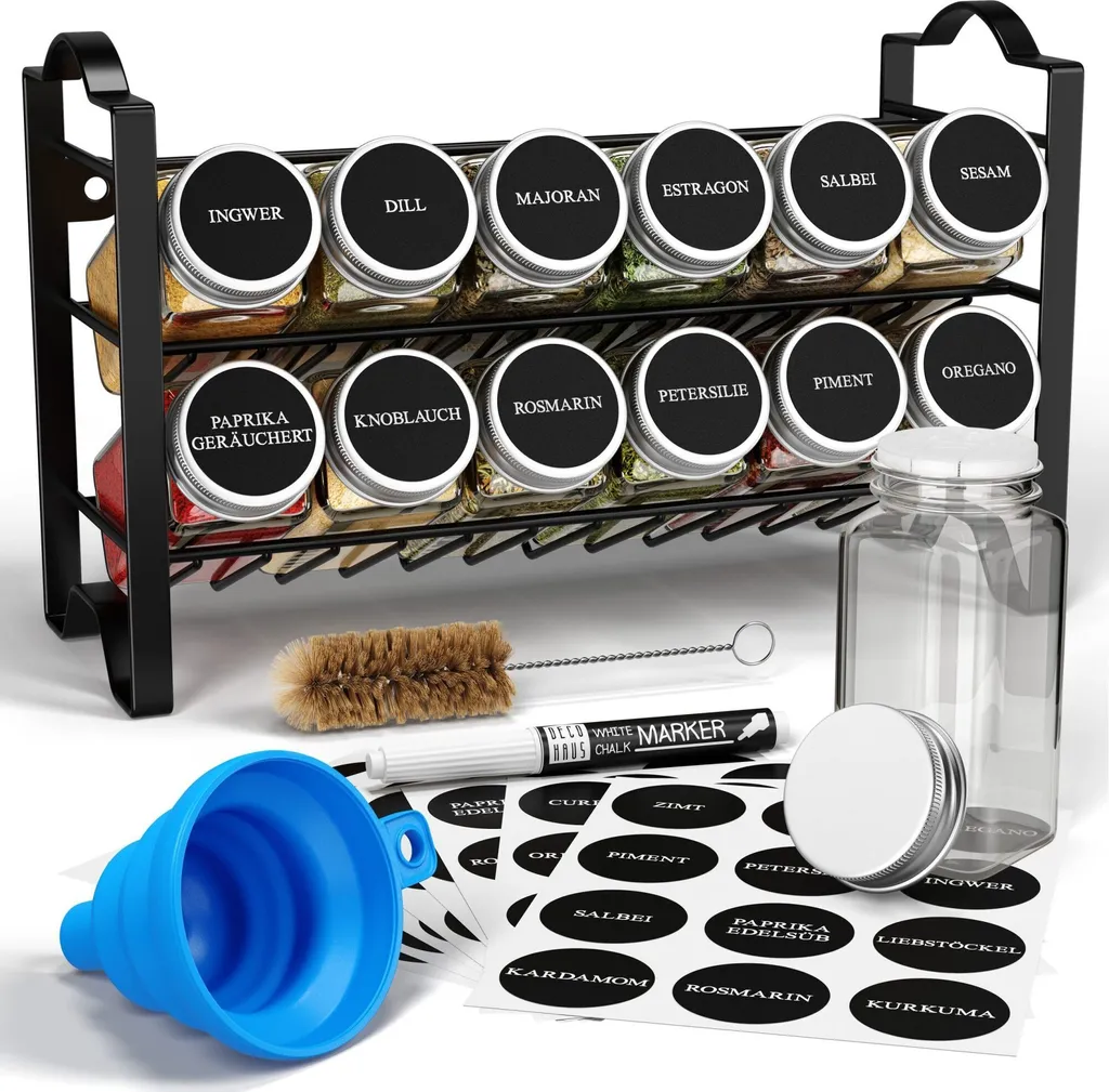 Organizer Spezie Cucina Deco Haus Metallo Nero: 12 Vasetti Vetro