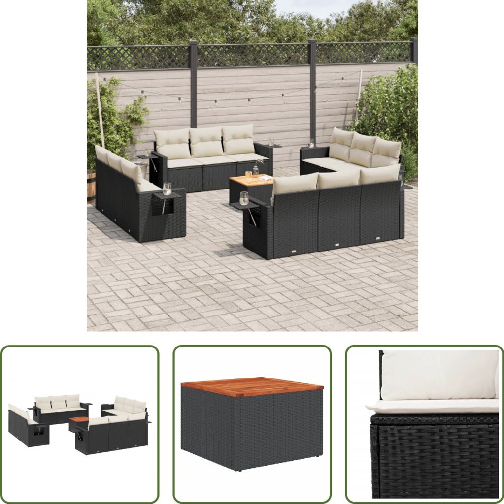 The Living Store 13-tlg. Garten-Sofagarnitur mit Kissen Schwarz Poly Rattan